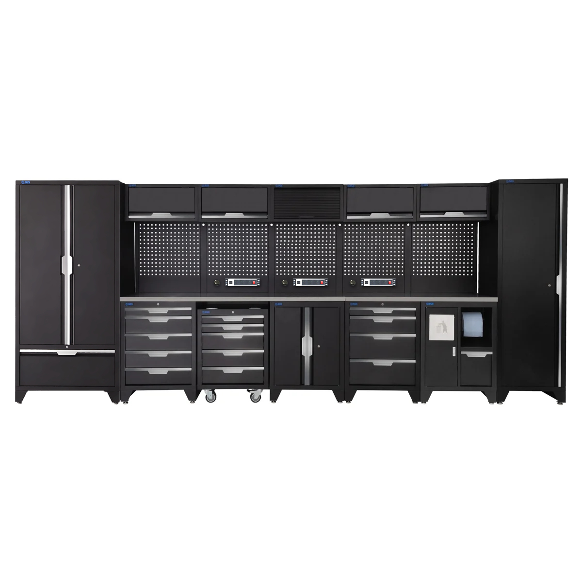 SGS 17pc Garage Storage System | 14 Drawers | Stainless Steel Worktop | Tall Single & Double Cabinet with Drawer | Bin Unit | Mobile Tool Cabinet | Floor Cabinet | 5x Upper Cabinets | 3x Pegboards with Power Strip